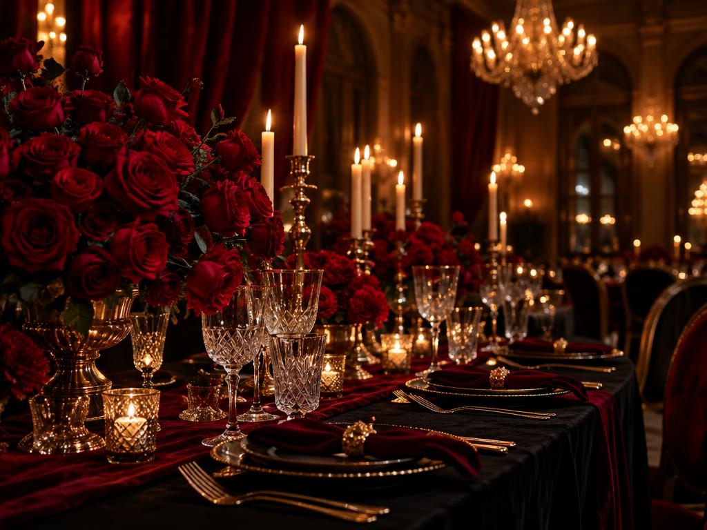 Candlelit banquet table with red roses, crystal glasses and gold accents