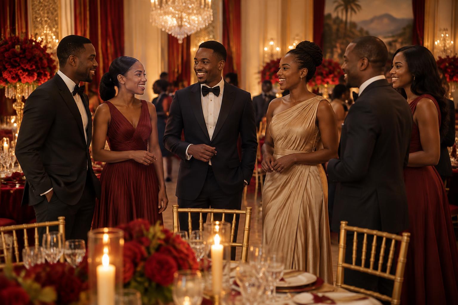 Elegantly dressed guests in tuxedos and formal gowns sharing warm conversation in a candlelit red-and-gold ballroom